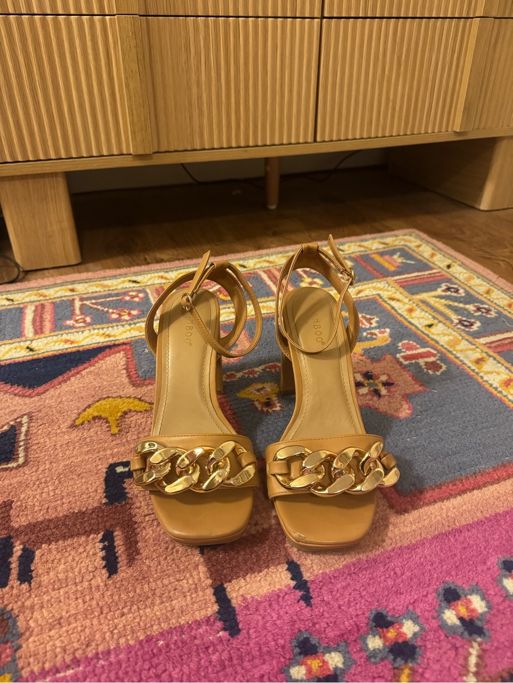 BAMBOO Tan Block-Heel Sandals with Gold Chain Accent